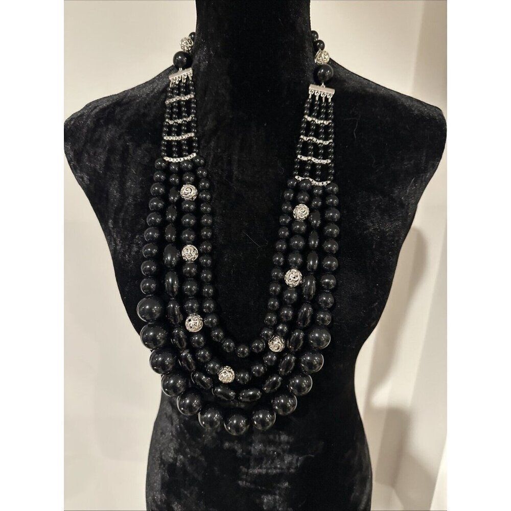 Joan Rivers Private Collection Black & Silver Beaded 4 Strand Necklace Bold
